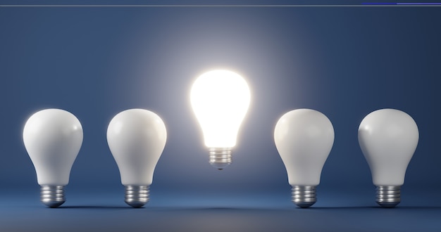 Glowing light bulb on bright between others 3D rendering illustration