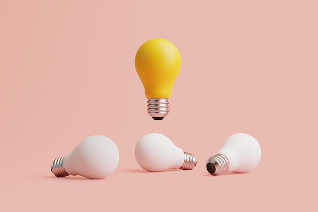 Photo glowing light bulb flies among white light bulbs on a pastel background 3d render illustration