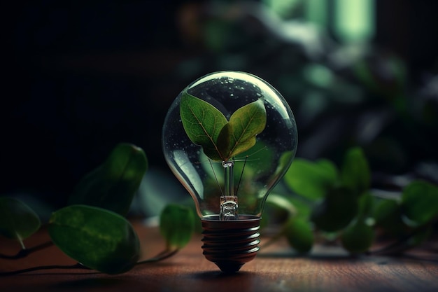 Glowing light bulb and green leaves on dark background Idea concept generative ai