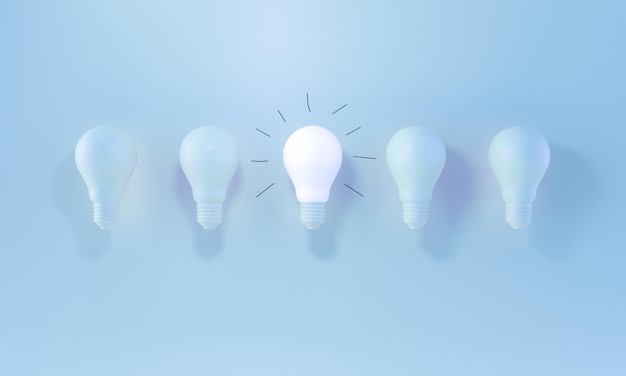 Светящиеся лампочки и глянцевые линии ручной работы между остальными на синем пастельном фоне. Инновации, креативность, отличные идеи, концепции лидерства и индивидуальности. 3d рендеринг.