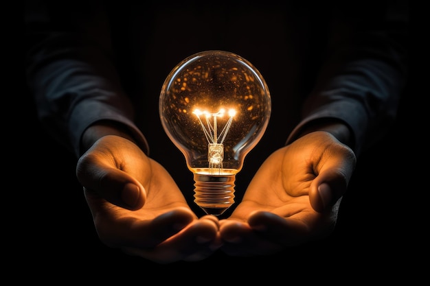 Glowing light bulb in the hands of a man on a black background Conceptual image of lightbulb in hand against Black background AI Generated