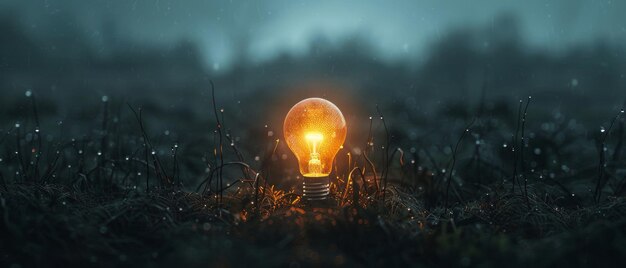 Glowing light bulb in a misty field at twilight