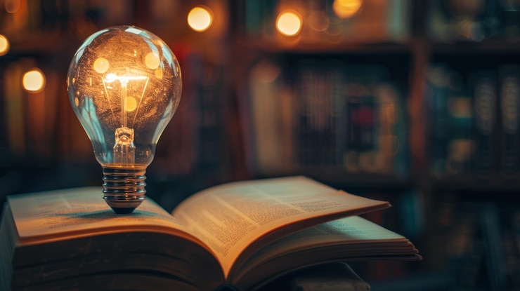 Photo glowing light bulb above open book with bokeh lights background