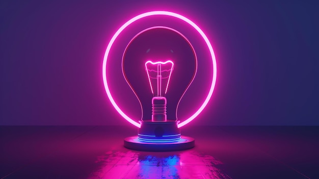 Glowing light bulb on a pedestal with neon circle Futuristic idea concept 3d rendering