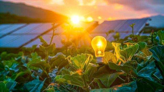 Foto bulbo luminoso su terreni agricoli verdeggianti all'alba concetto di soluzioni energetiche ecologiche energia rinnovabile sostenibile agricoltura e innovazione visione ai