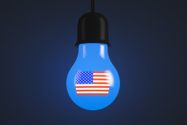 Glowing light bulb with American flag on dark background