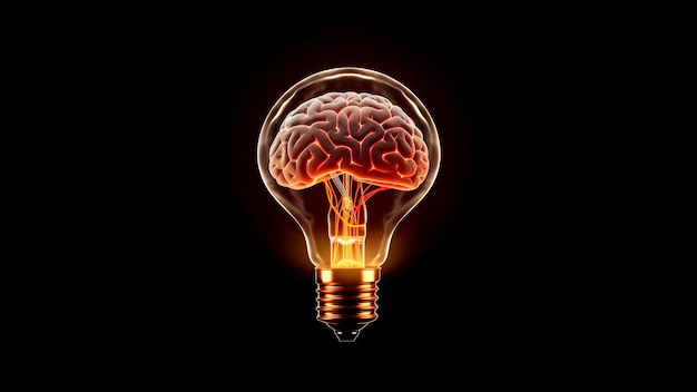 A glowing light bulb with a brain on it.