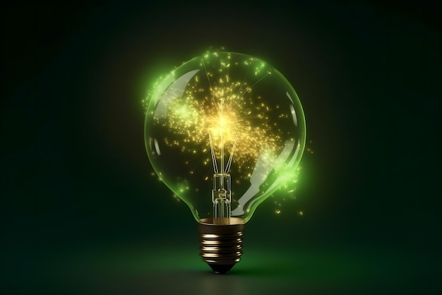 A glowing light bulb with a green glow.