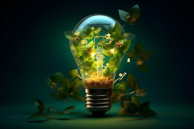 Glowing light bulb with green plant inside