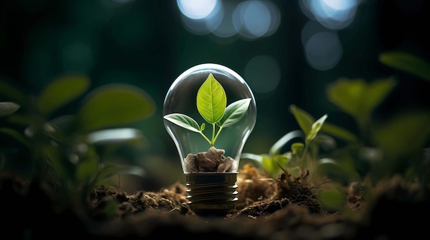 Glowing light bulb with green sprout growing ecology concept