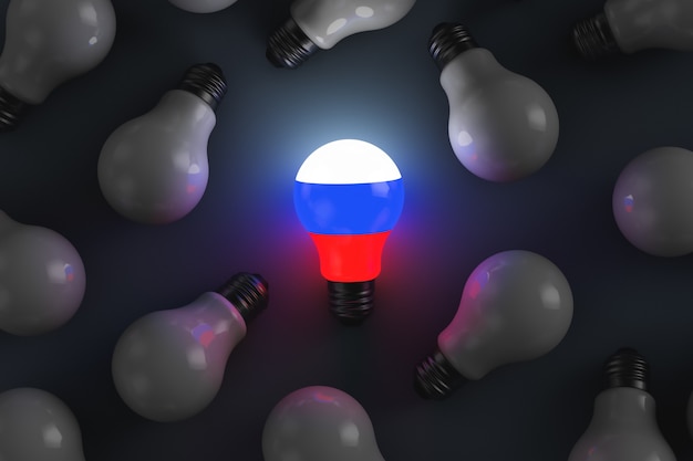 Glowing light bulb with Russian symbols. Abstract illustration on political themes