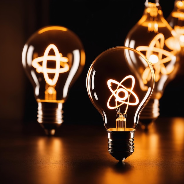 Glowing light bulbs with atomic energy symbol showing nuclear powered electricity
