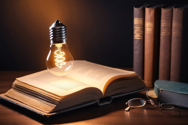 Светящаяся лампочка над книгой Вдохновляющая концепция чтения Образование знания