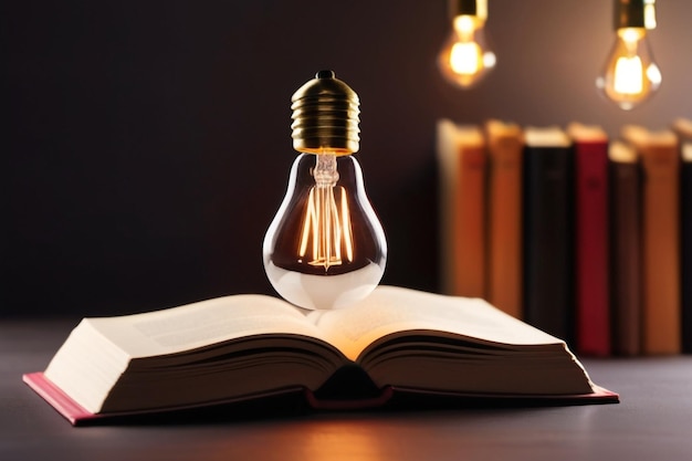Photo glowing lightbulb over a book inspiring from read concept education knowledge