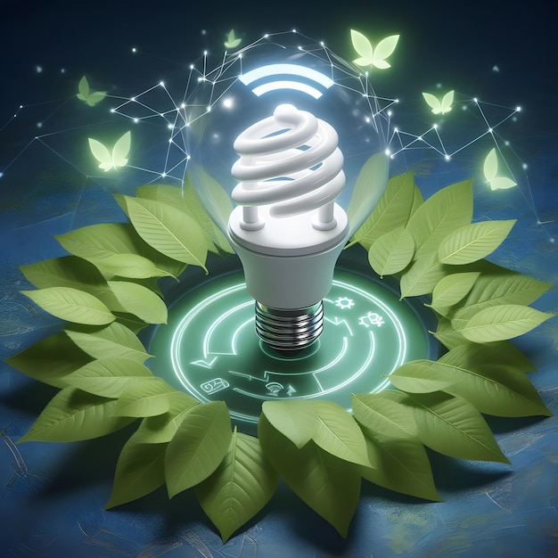 Glowing lightbulb with planet earth inside surrounded by green leaves AI Generated