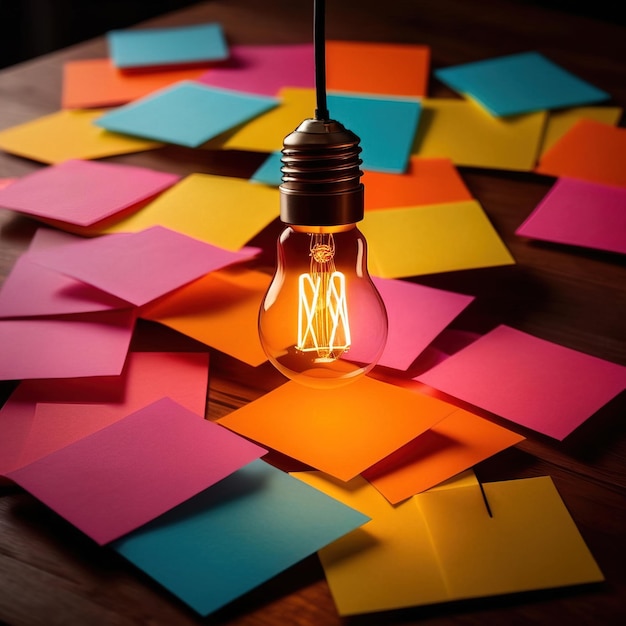 Photo glowing lightbulbs and multicolored postits showing creativity and diversity of ideas in a business
