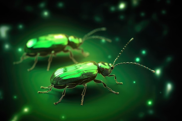 Glowing Lightning Bugs On Green Background Generative AI