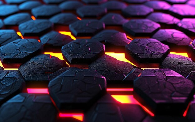 Photo glowing lights on black hexagonal background