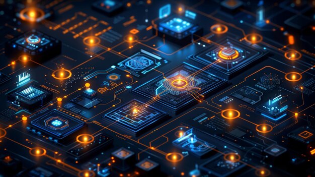 Glowing Lights on Computer Circuit Board