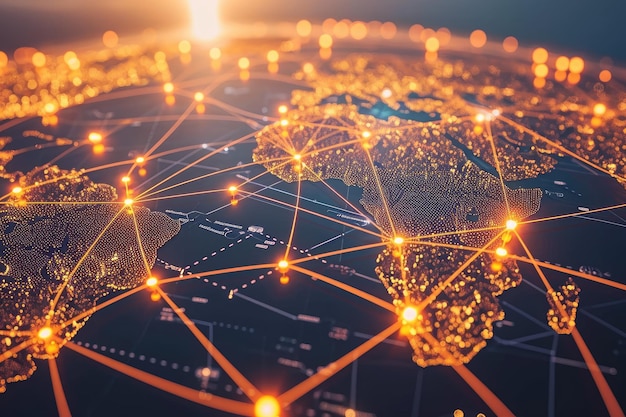 반이는 불빛은 세계 지도를 비추고 있으며, 글로벌 블록체인 네트워크를 나타내는 수천 개의 연결된 노드를 보여주는 세계 지도가 AI에 의해 생성되었습니다.