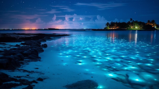 Glowing lights illuminate a vast water surface