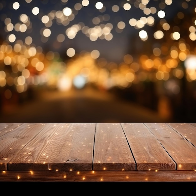 Glowing lights on a wooden table with a blurred background