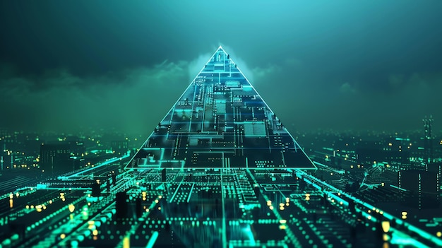 A glowing linear triangular pyramid stands at the center of an abstract blue green geometric background This is a digital version of the cyber wallpaper