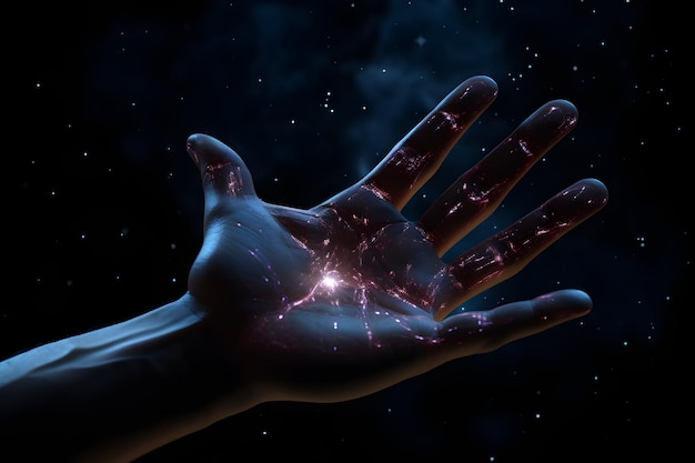 Glowing lines on hand Astrology concept of palm reading