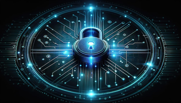 A glowing lock symbol represents advanced cybersecurity measures within a complex digital circuit board pattern