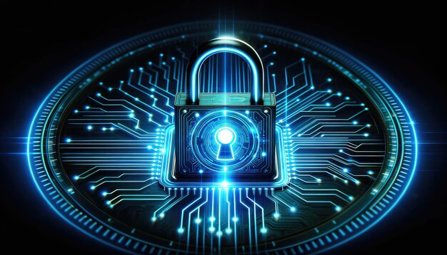 A glowing lock symbol represents advanced cybersecurity measures within a complex digital circuit board pattern