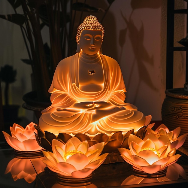 glowing Lotus flowers and gold buddha statue