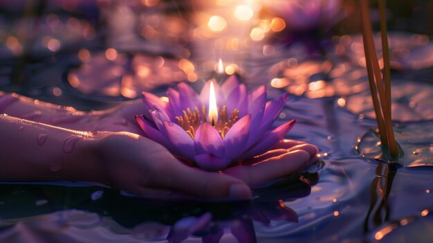 Photo glowing lotus in gentle hands