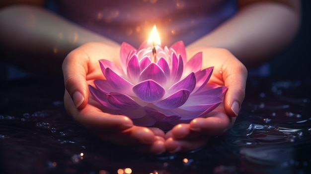 Photo glowing lotus in gentle hands