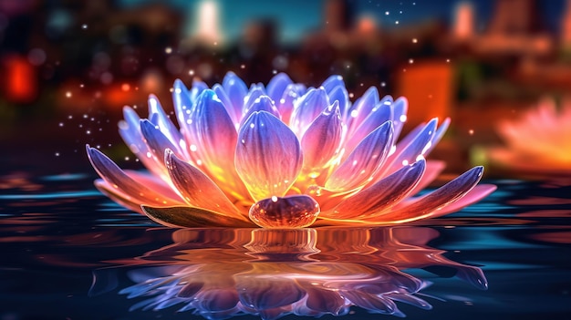 Beuatiful 밤 vesak 하루 배경에서 물에 빛나는 연꽃