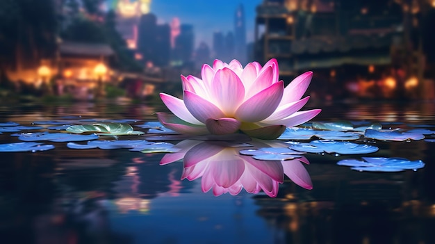 glowing lotus on water at beuatiful night vesak day background