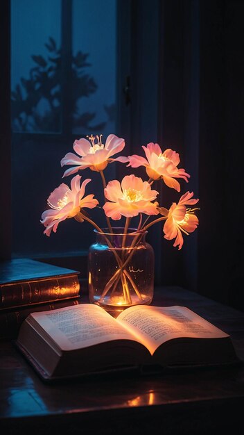 Glowing Love Lamp met open boek Romantische en warme comfortabele nuance in een leeskamer