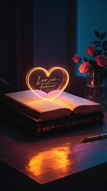 Glowing Love Lamp met open boek Romantische en warme comfortabele nuance in een leeskamer