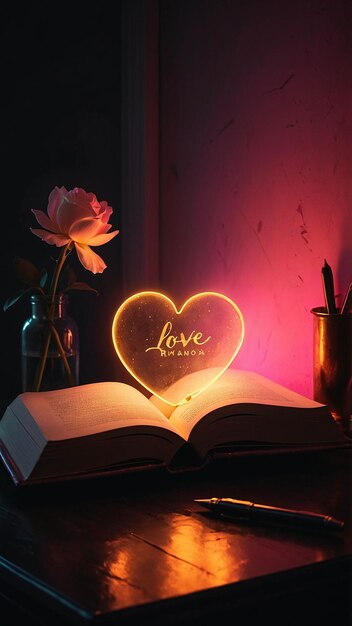 사진 열려있는 책과 함께 반이는 사랑 램프 만적이고 따뜻한 편안한 색조 독서 방에서