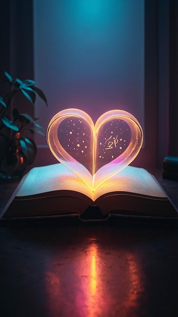 Фото Яркая лампа любви с открытой книгой романтический и теплый комфортный нюанс в комнате для чтения