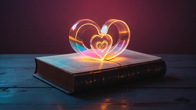 Photo glowing love lamp with open book romantic and warm comfortable nuance in a room for reading