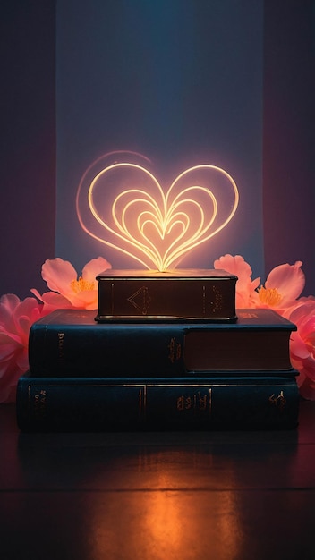 Glowing Love Lamp With Open Book Romantic And Warm Comfortable Nuance In A Room For Reading