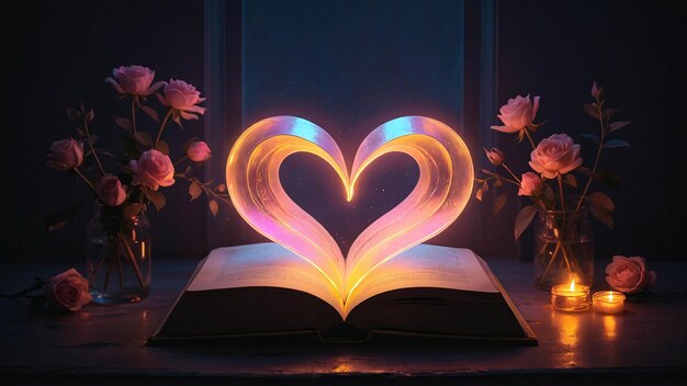 Glowing Love Lamp With Open Book Romantic And Warm Comfortable Nuance In A Room For Reading