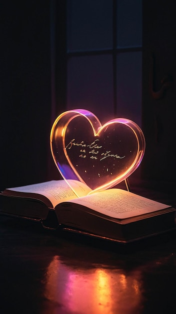 Яркая лампа любви с открытой книгой Романтический и теплый комфортный нюанс в комнате для чтения