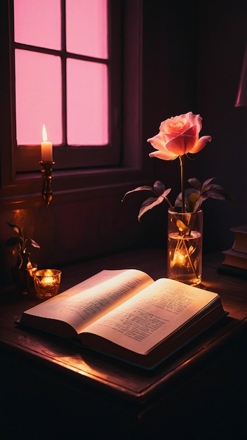 Glowing Love Lamp With Open Book Romantic And Warm Comfortable Nuance In A Room For Reading