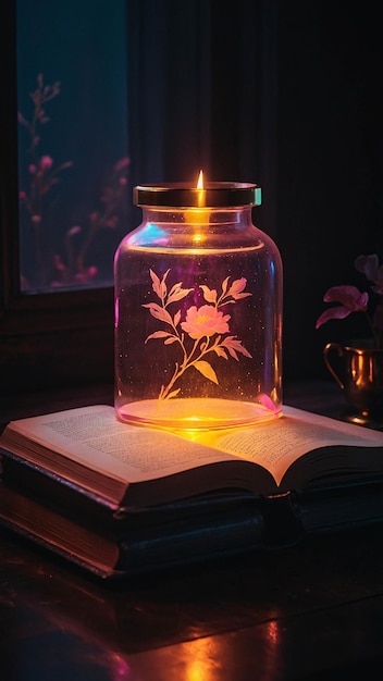 Glowing Love Lamp With Open Book Romantic And Warm Comfortable Nuance In A Room For Reading