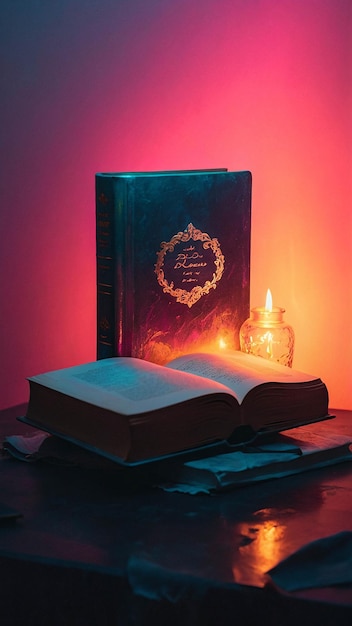 Photo glowing love lamp with open book romantic and warm comfortable nuance in a room for reading