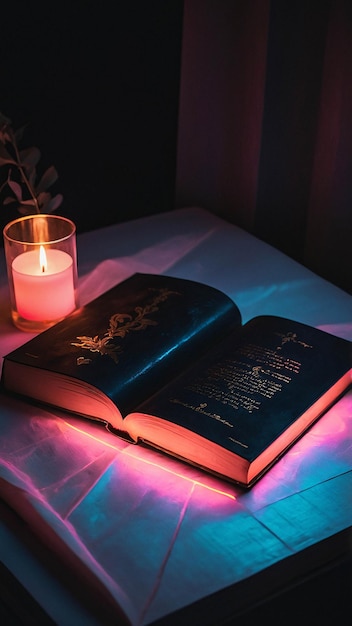 열려있는 책과 함께 반이는 사랑 램프 만적이고 따뜻한 편안한 색조 독서 방에서