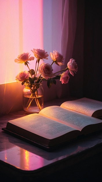 Glowing Love Lamp With Open Book Romantic And Warm Comfortable Nuance In A Room For Reading