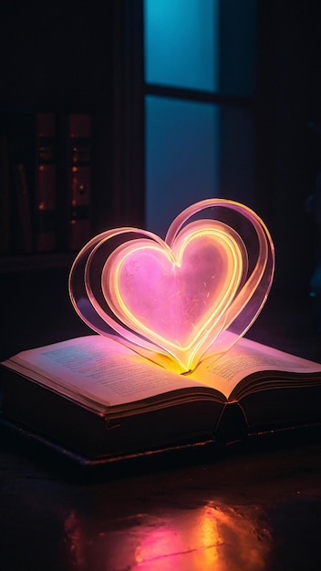 Glowing Love Lamp With Open Book Romantic And Warm Comfortable Nuance In A Room For Reading