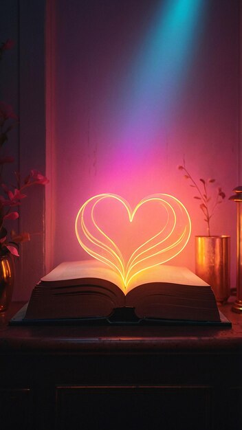 Photo glowing love lamp with open book romantic and warm comfortable nuance in a room for reading